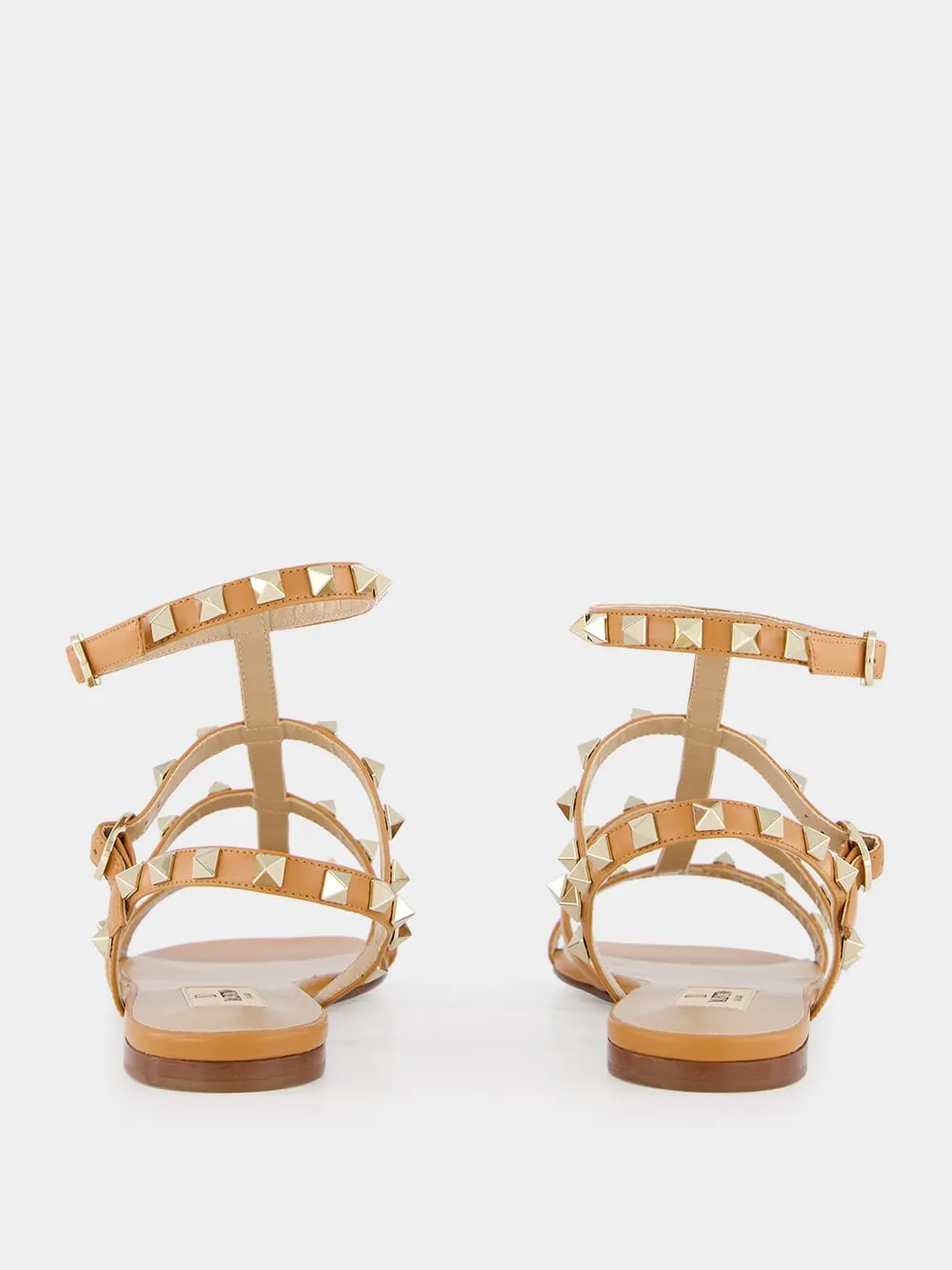 Almond Brown Rockstud flat leather sandals