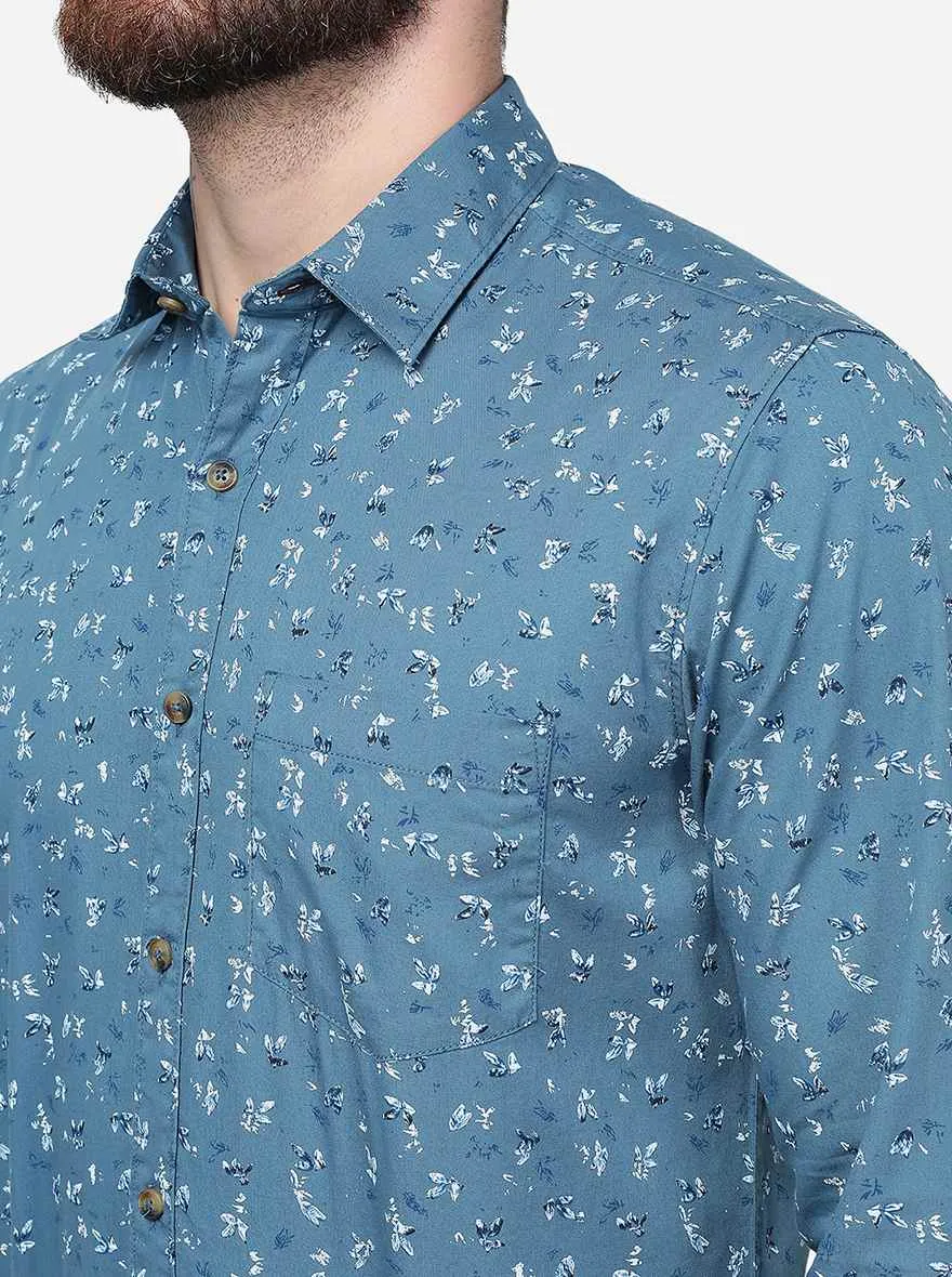 Celestial Blue Printed Slim Fit Casual Shirt | JadeBlue