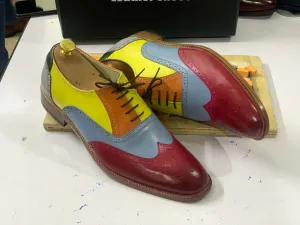 Handmade Multi Color Lace Up Dress Shoes, Men's Wing Tip Leather Shoes