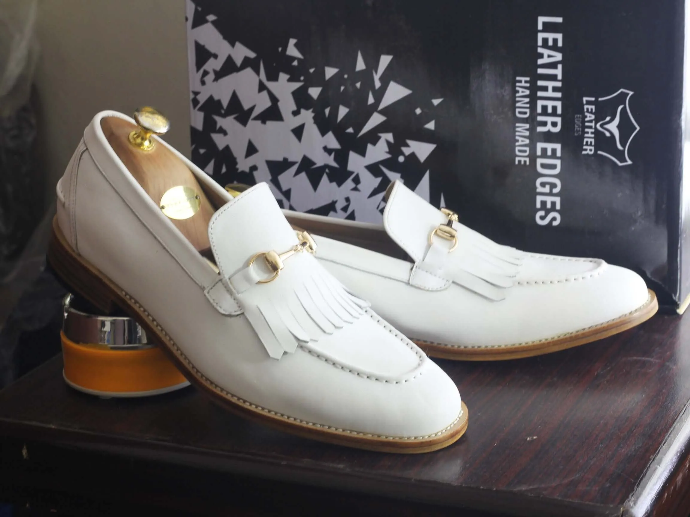 Handmade White Fringe Leather Loafers Shoes For Men's