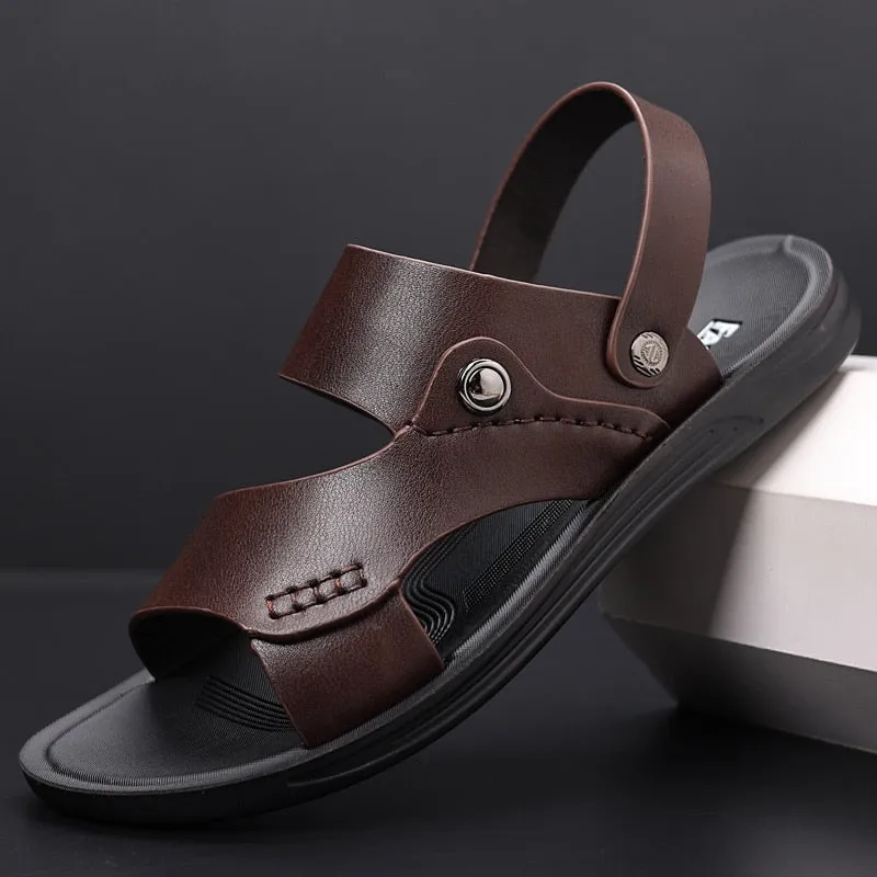 Hnzxzm New Summer Shoes Men Sandals Flat Soft Leather Mens Summer Holiday Shoes Brand Male Beach Sandals Non-slip Black A4624