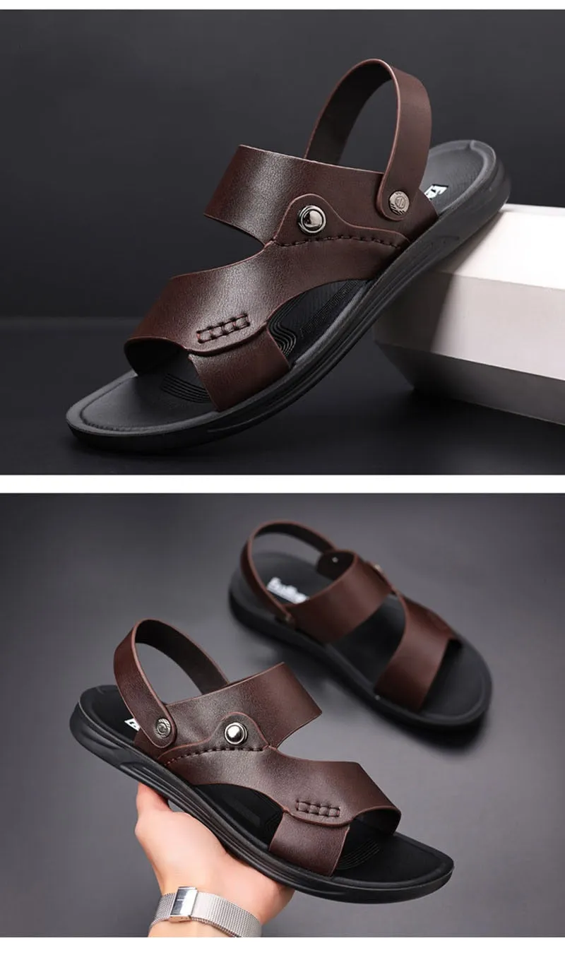 Hnzxzm New Summer Shoes Men Sandals Flat Soft Leather Mens Summer Holiday Shoes Brand Male Beach Sandals Non-slip Black A4624