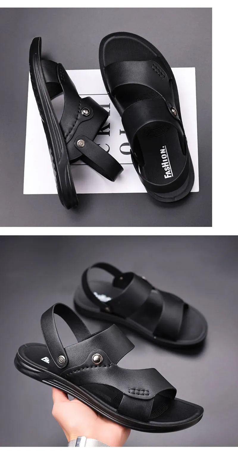 Hnzxzm New Summer Shoes Men Sandals Flat Soft Leather Mens Summer Holiday Shoes Brand Male Beach Sandals Non-slip Black A4624