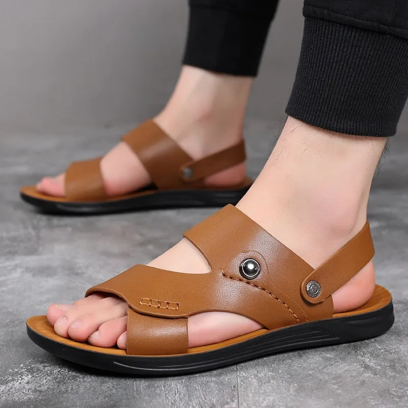 Hnzxzm New Summer Shoes Men Sandals Flat Soft Leather Mens Summer Holiday Shoes Brand Male Beach Sandals Non-slip Black A4624