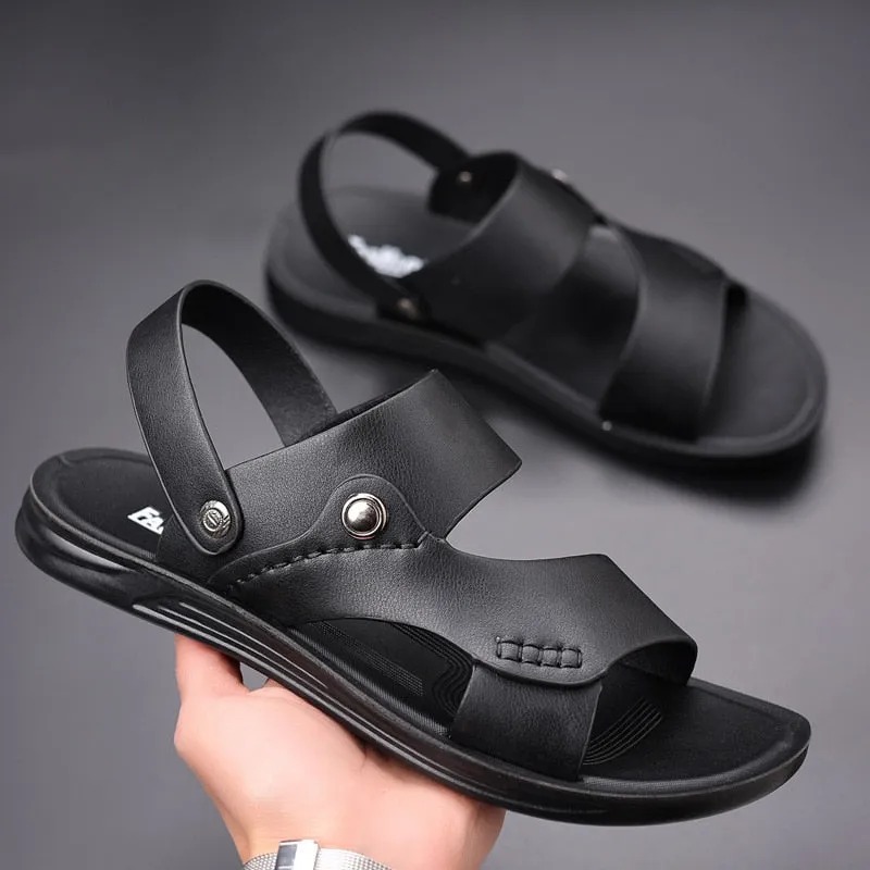 Hnzxzm New Summer Shoes Men Sandals Flat Soft Leather Mens Summer Holiday Shoes Brand Male Beach Sandals Non-slip Black A4624