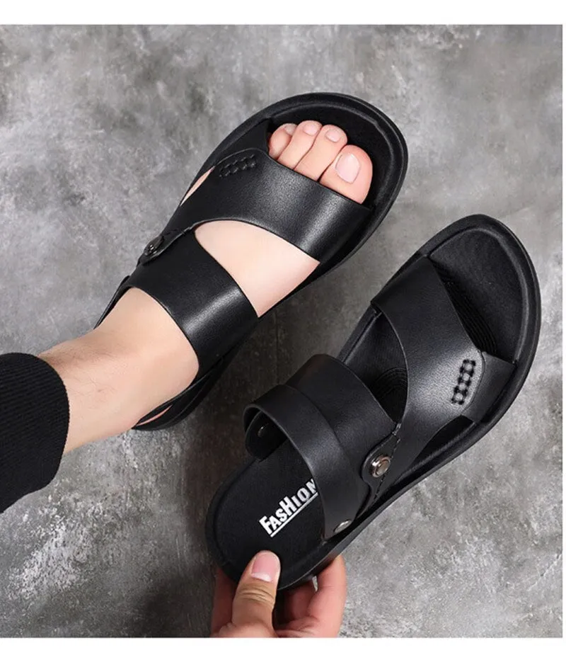 Hnzxzm New Summer Shoes Men Sandals Flat Soft Leather Mens Summer Holiday Shoes Brand Male Beach Sandals Non-slip Black A4624