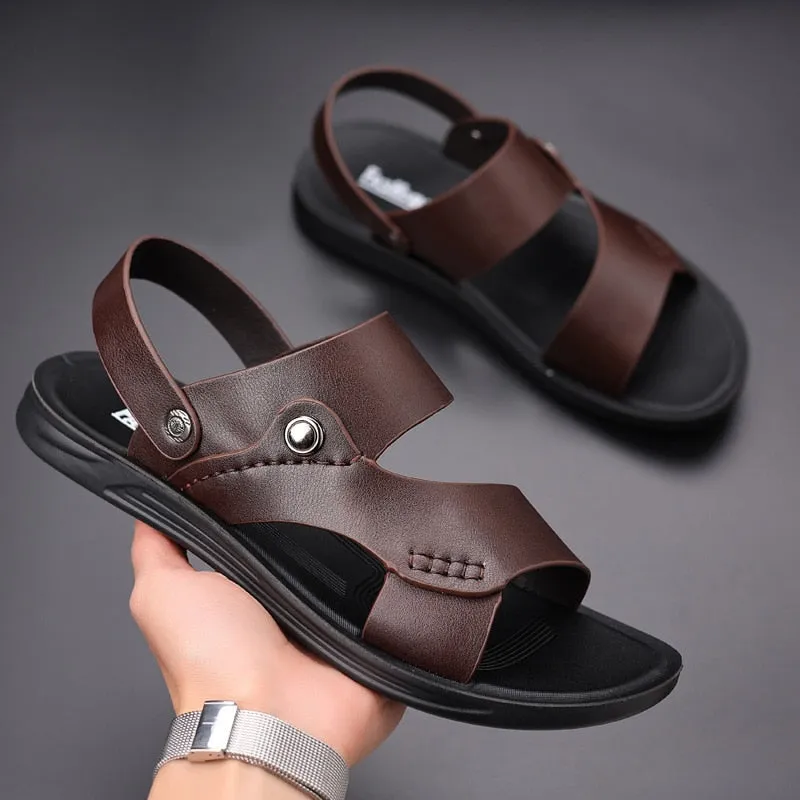 Hnzxzm New Summer Shoes Men Sandals Flat Soft Leather Mens Summer Holiday Shoes Brand Male Beach Sandals Non-slip Black A4624