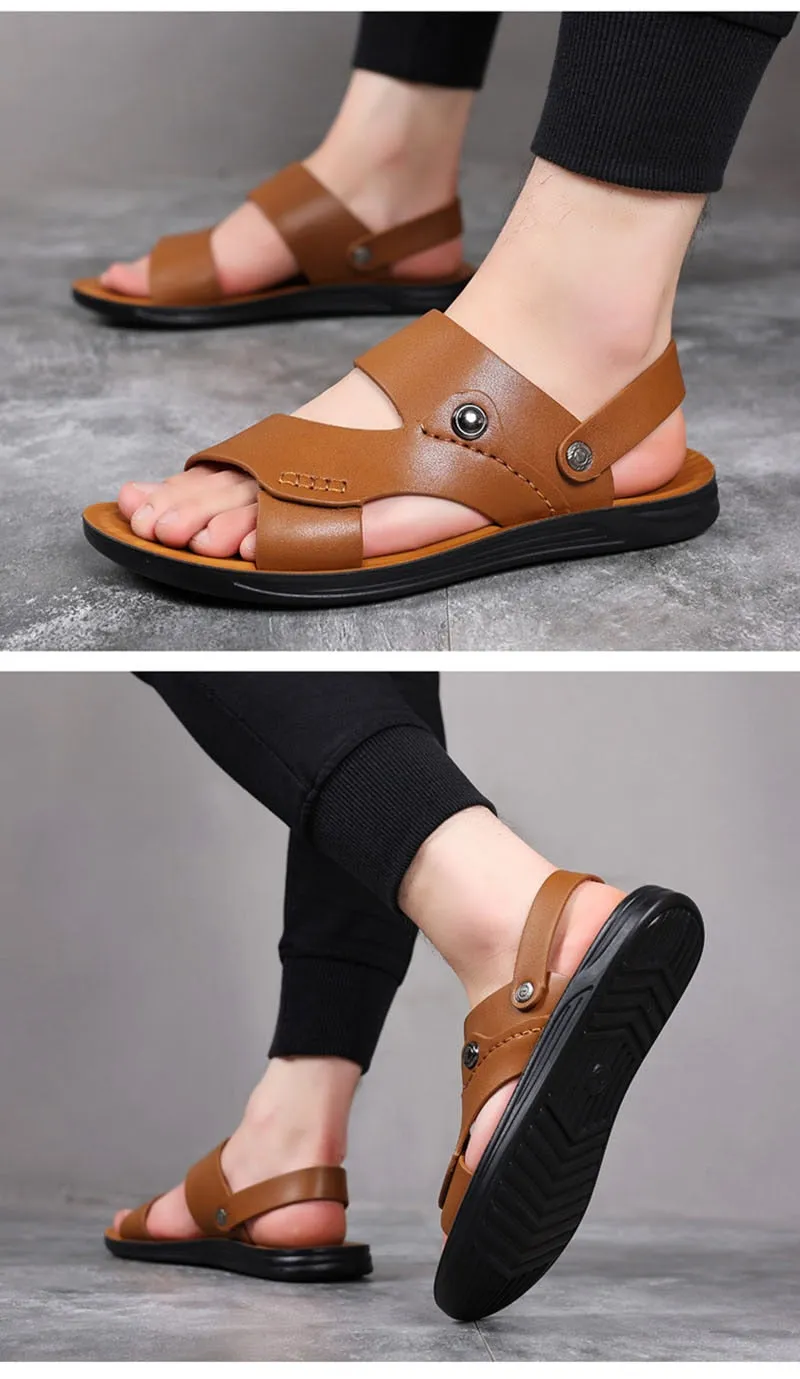 Hnzxzm New Summer Shoes Men Sandals Flat Soft Leather Mens Summer Holiday Shoes Brand Male Beach Sandals Non-slip Black A4624