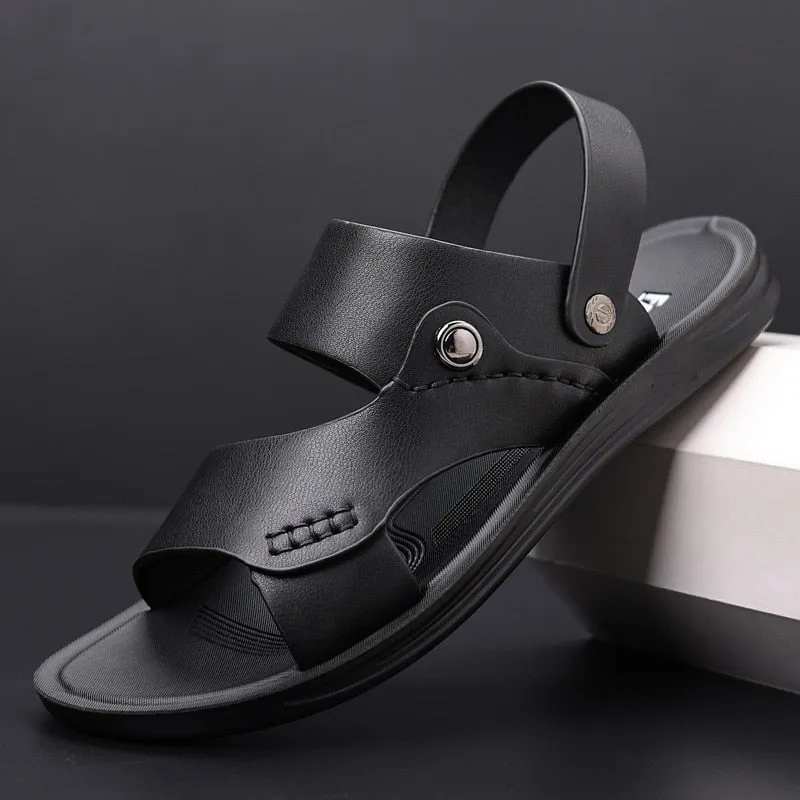 Hnzxzm New Summer Shoes Men Sandals Flat Soft Leather Mens Summer Holiday Shoes Brand Male Beach Sandals Non-slip Black A4624