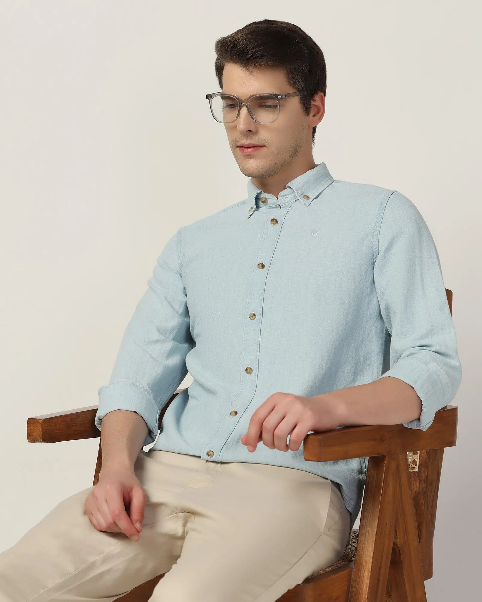 Linen Casual Light Indigo Solid Shirt - Laurent