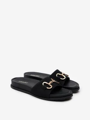 LUNA BLU Black Saddle-Trim Comfort Slides