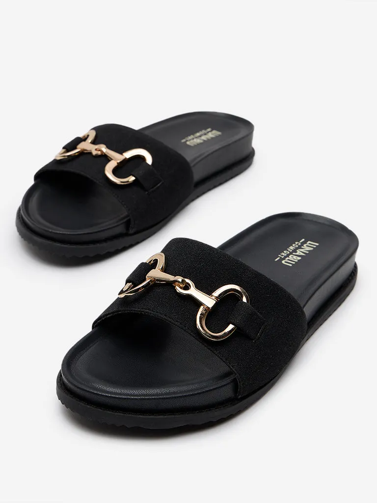 LUNA BLU Black Saddle-Trim Comfort Slides