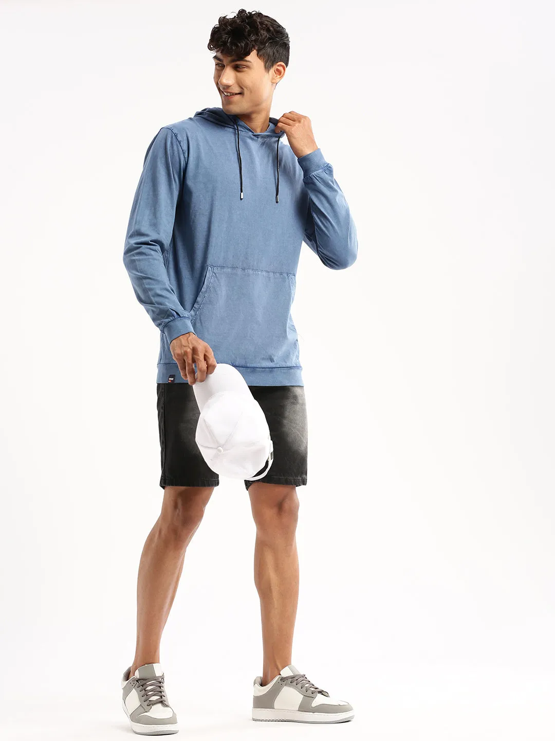 Men Blue Hooded Solid Pullover