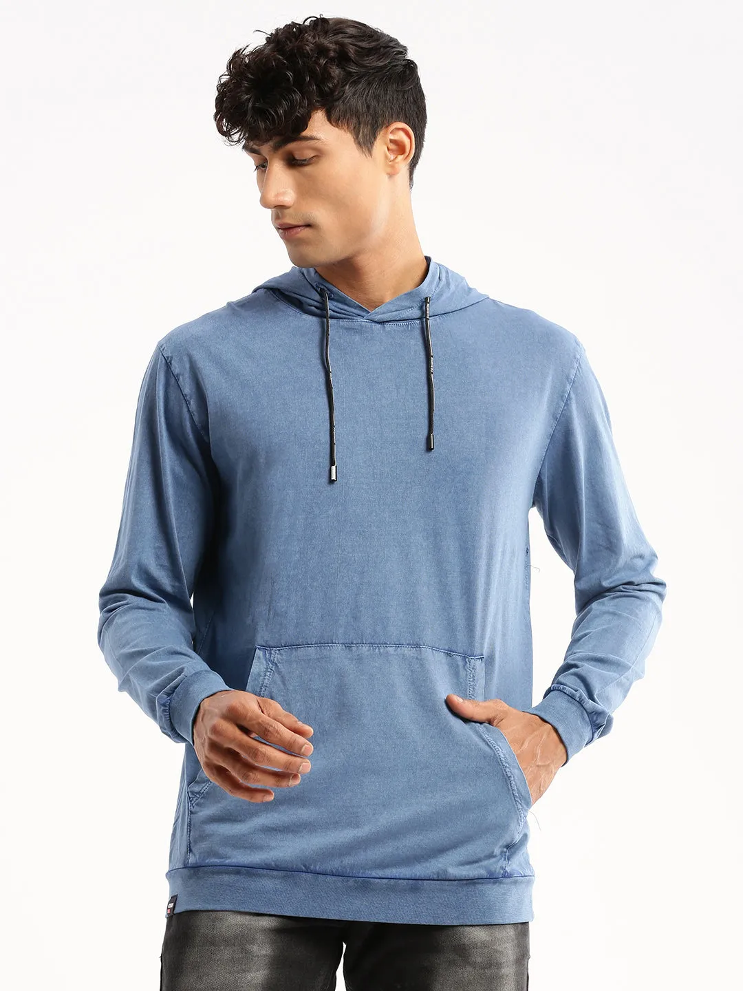 Men Blue Hooded Solid Pullover