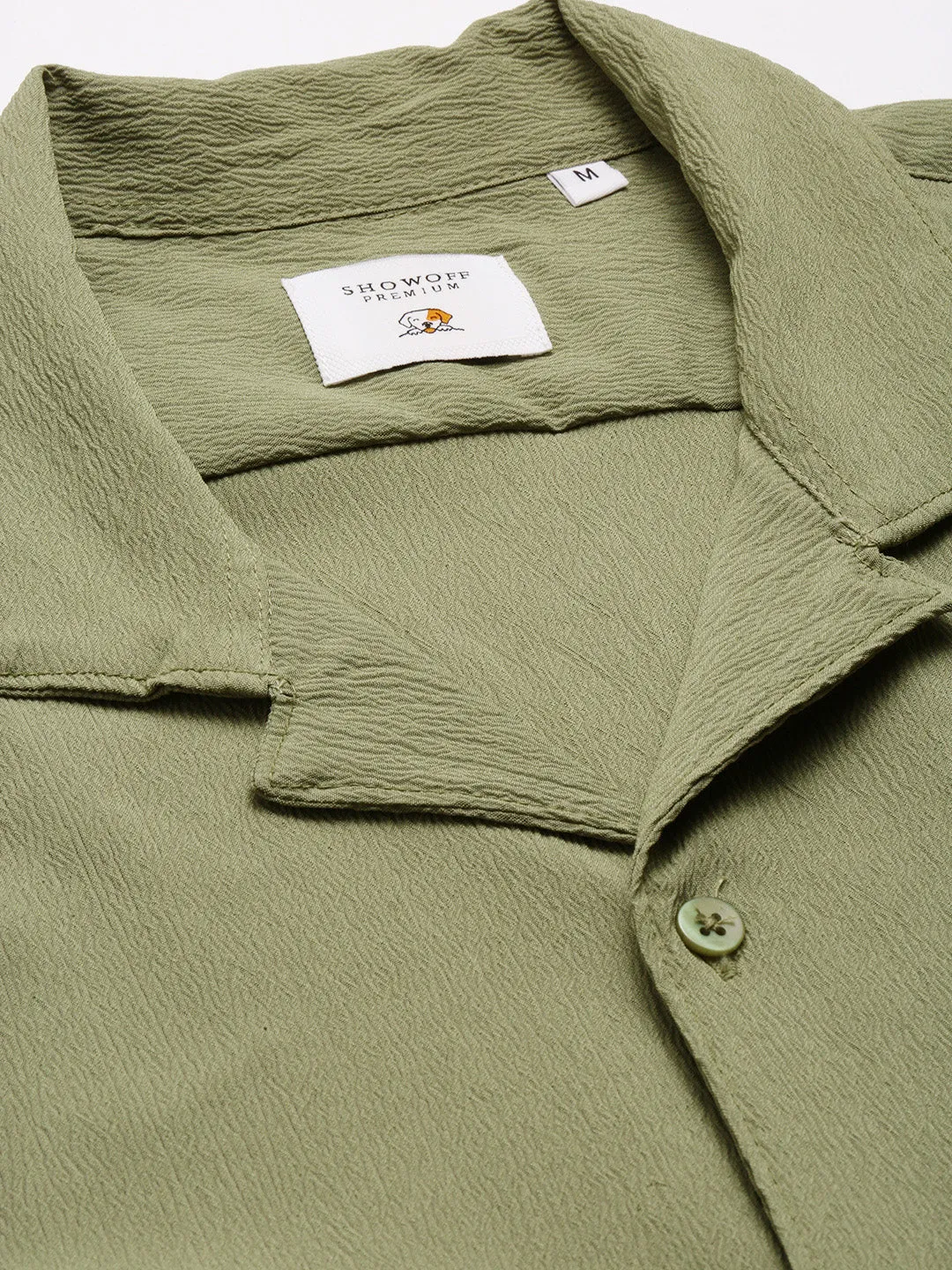 Men Cuban Collar  Solid Green Casual Shirt