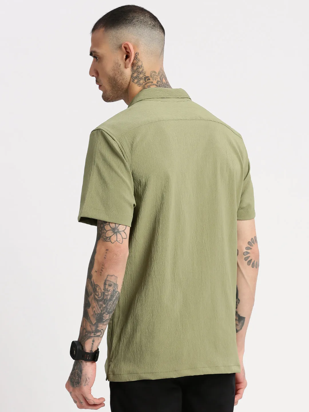 Men Cuban Collar  Solid Green Casual Shirt