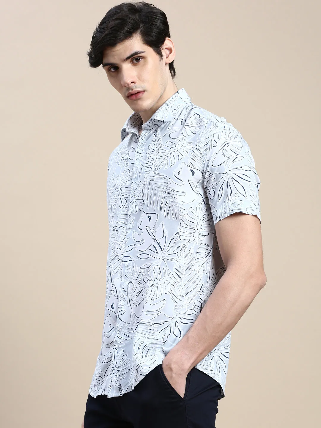 Men Grey Graphics Casual Shirt