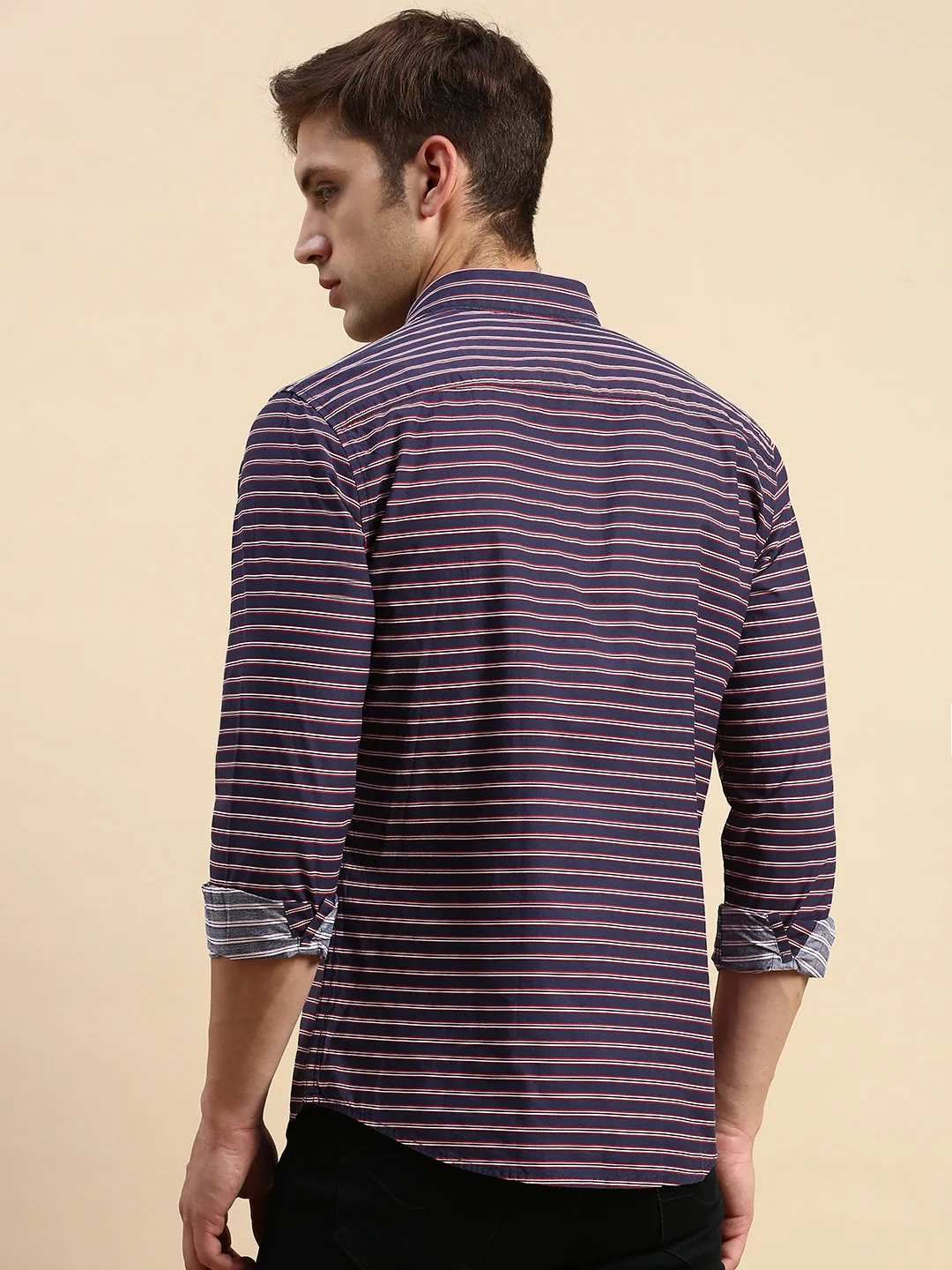 Men Navy Striped Casual Shirt