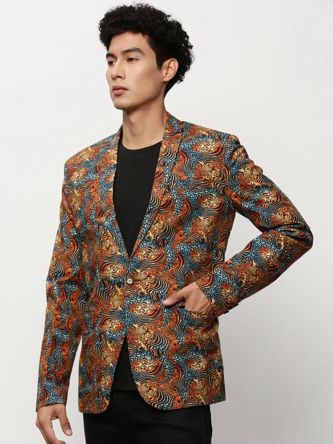 Men Orange Printed Casual Blazers