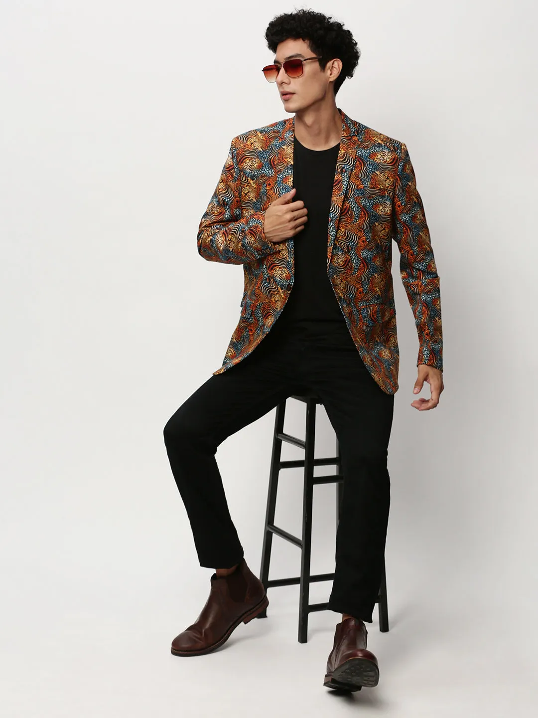 Men Orange Printed Casual Blazers