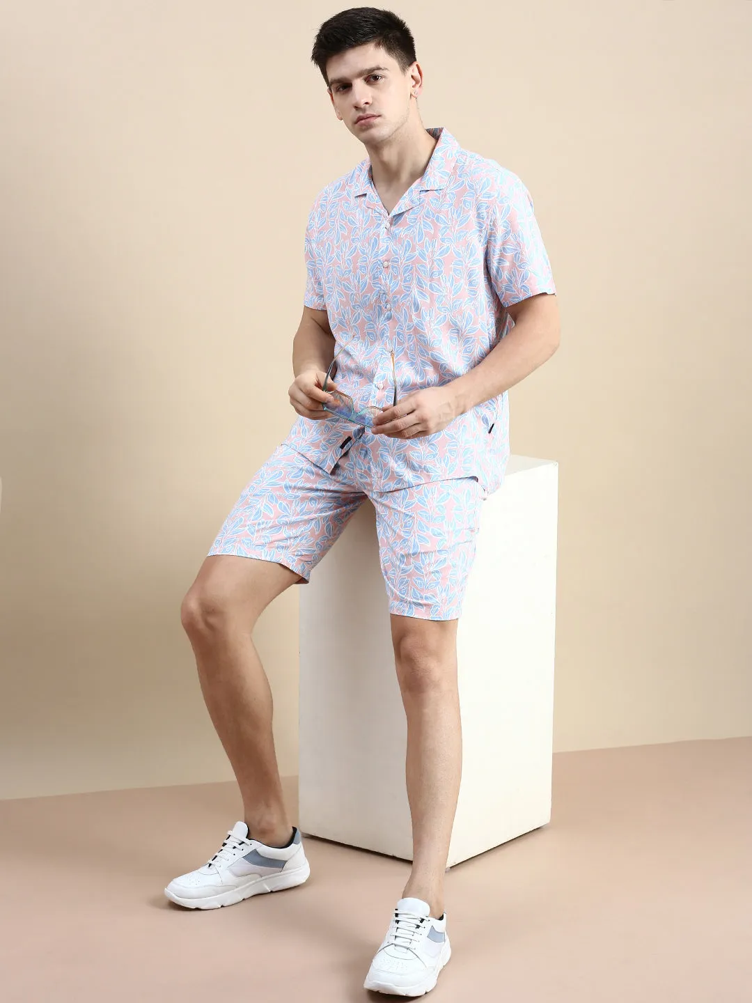 Men Peach Printed Casual Co ord Set