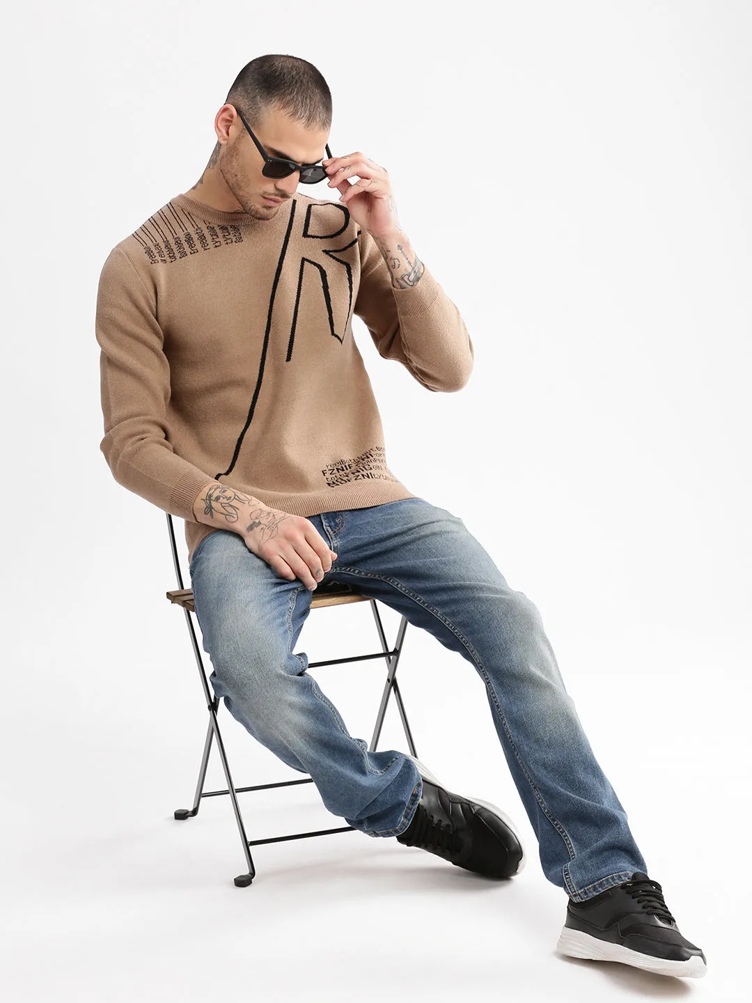 Men Round Neck Typography Brown Pullover