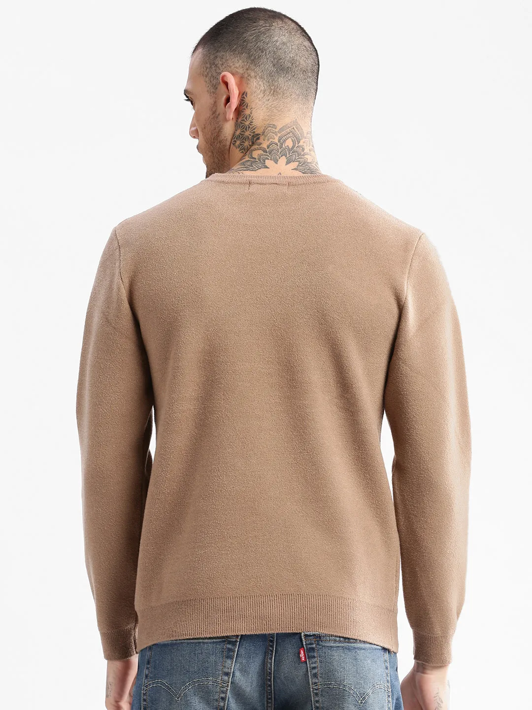 Men Round Neck Typography Brown Pullover