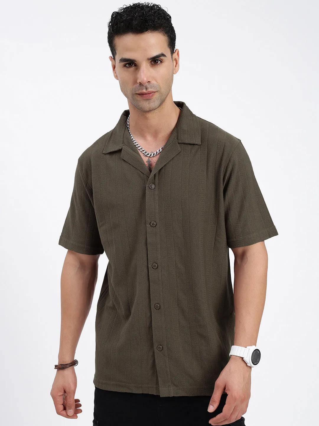 Men Solid Olive Relaxed Fit Shirt