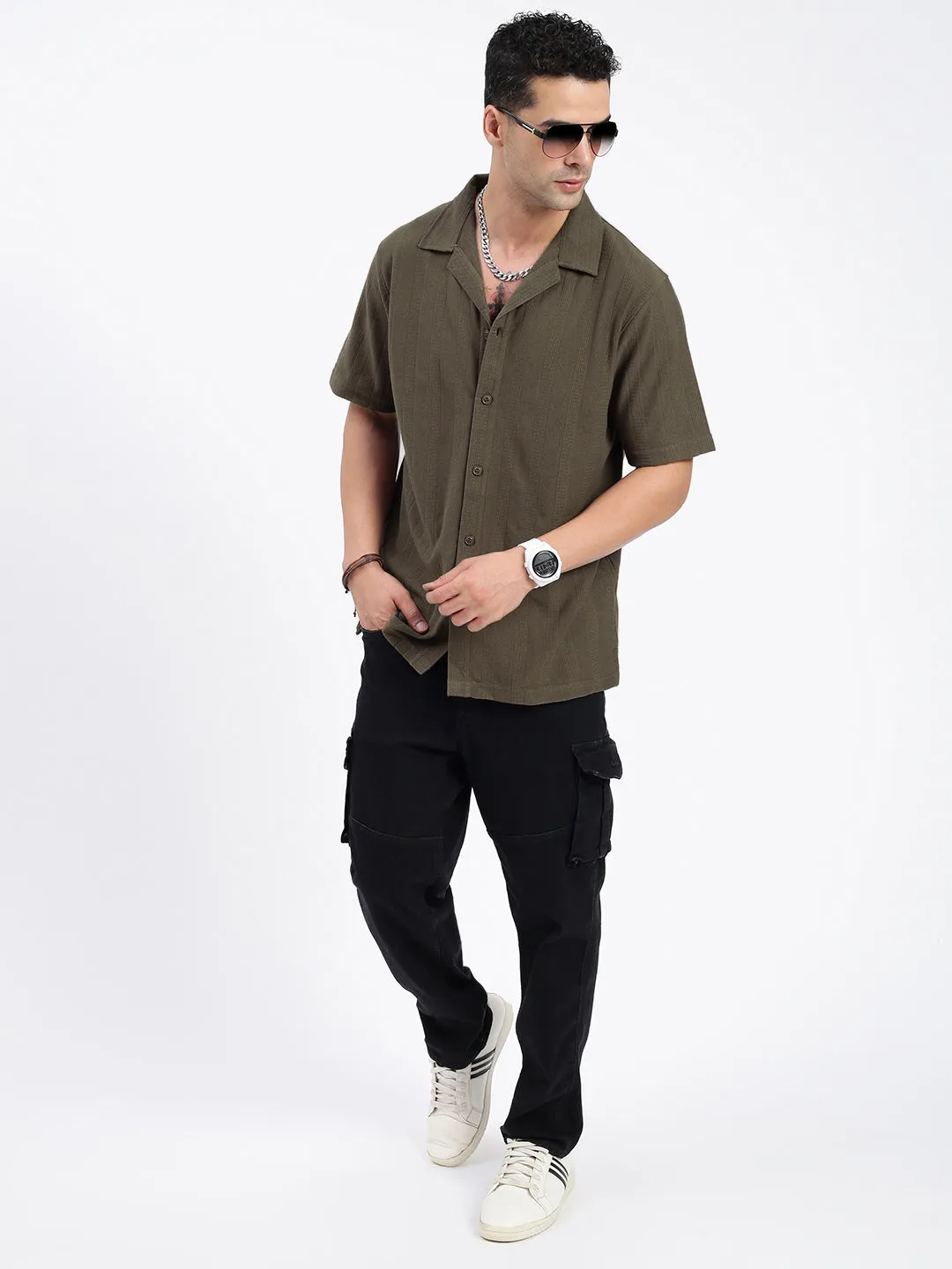 Men Solid Olive Relaxed Fit Shirt