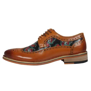 Men's Shoes Brown Floral Skull Print Leather Oxford Brogue Lace Up Formal Dress Shoe