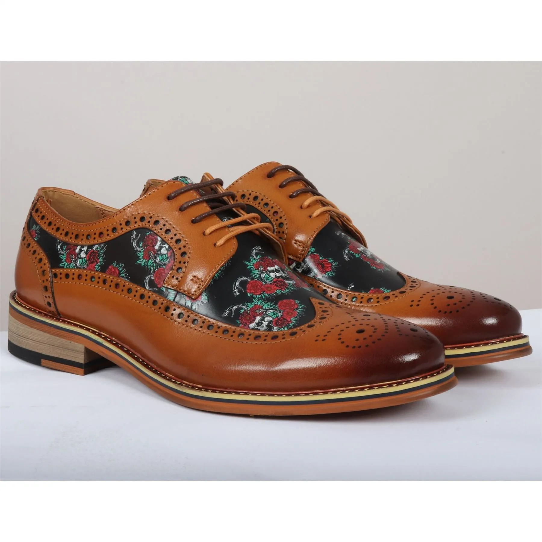 Men's Shoes Brown Floral Skull Print Leather Oxford Brogue Lace Up Formal Dress Shoe