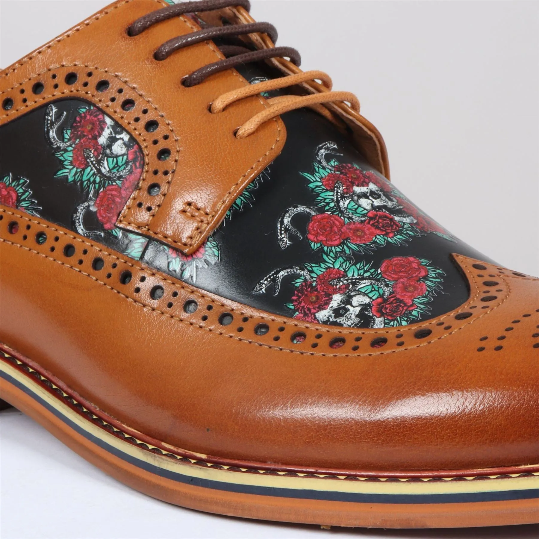 Men's Shoes Brown Floral Skull Print Leather Oxford Brogue Lace Up Formal Dress Shoe