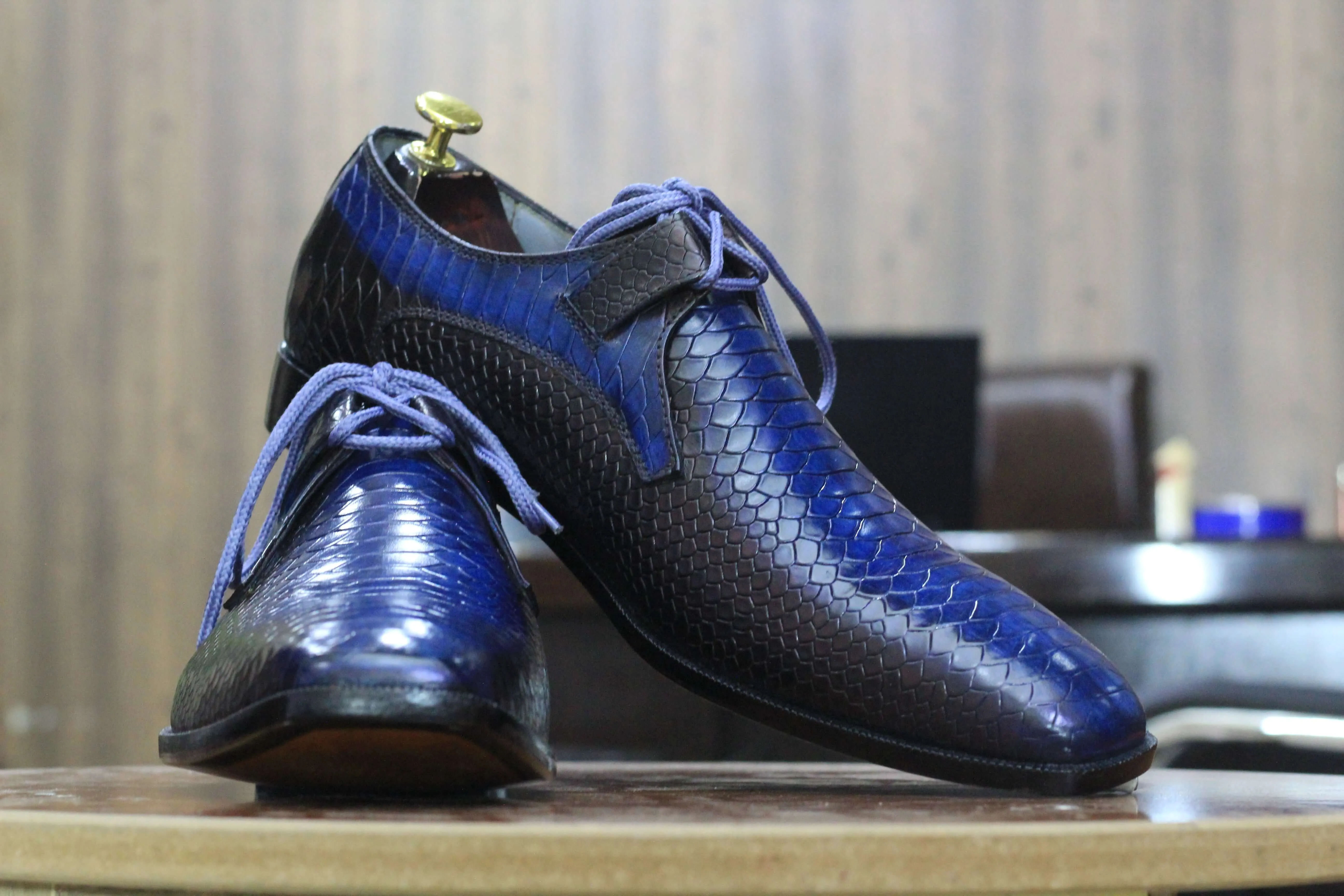 New Hand Painted Blue&Black Python Leather Shoes, Men's Stylish Lace Up Shoes