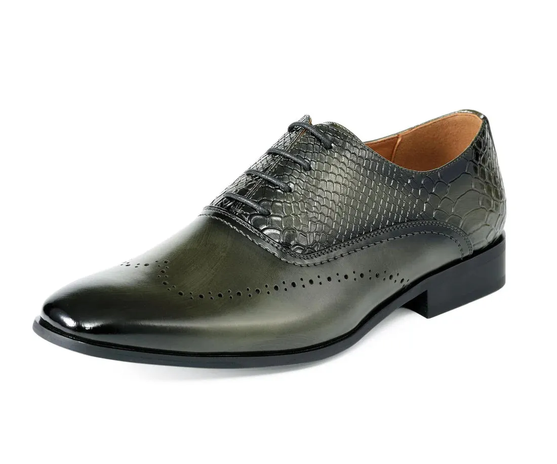 Olive Wingtip Men's PU Leather with Croc Oxford Lace-Up Formal Dress Shoes