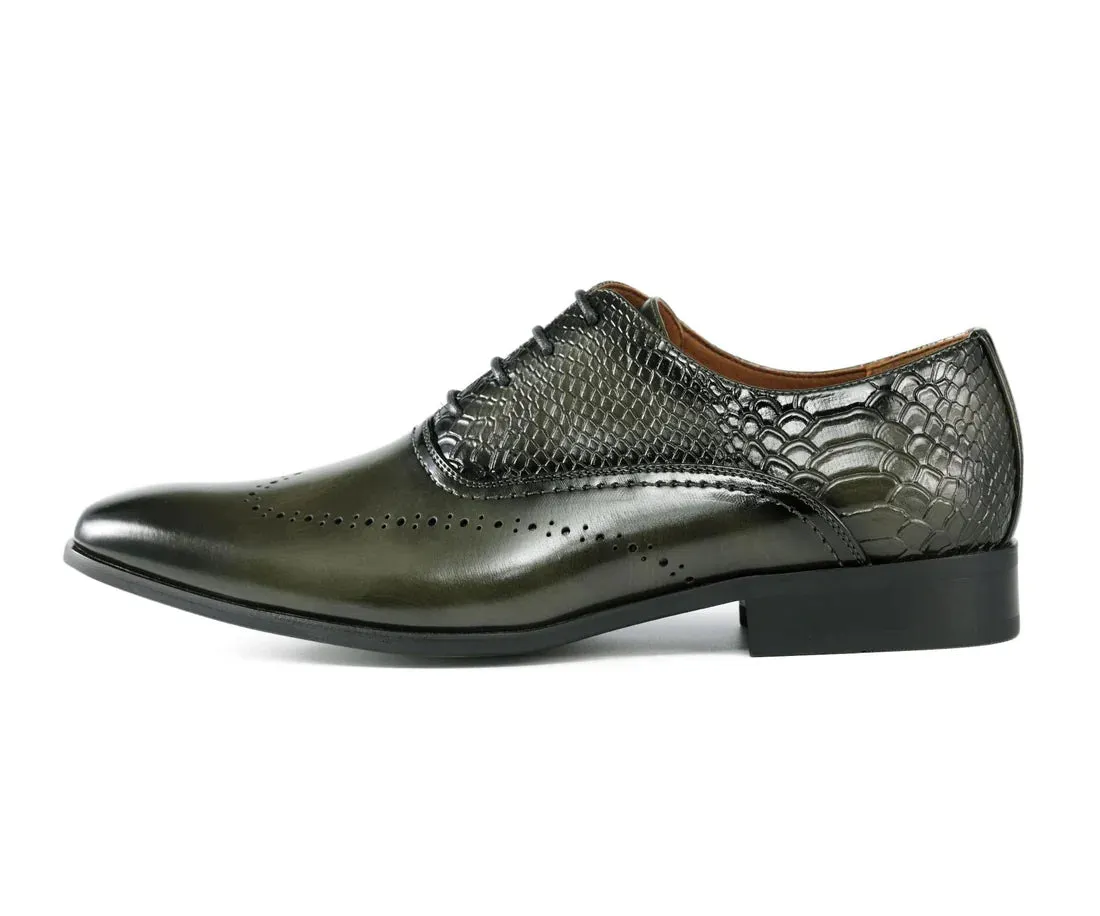 Olive Wingtip Men's PU Leather with Croc Oxford Lace-Up Formal Dress Shoes