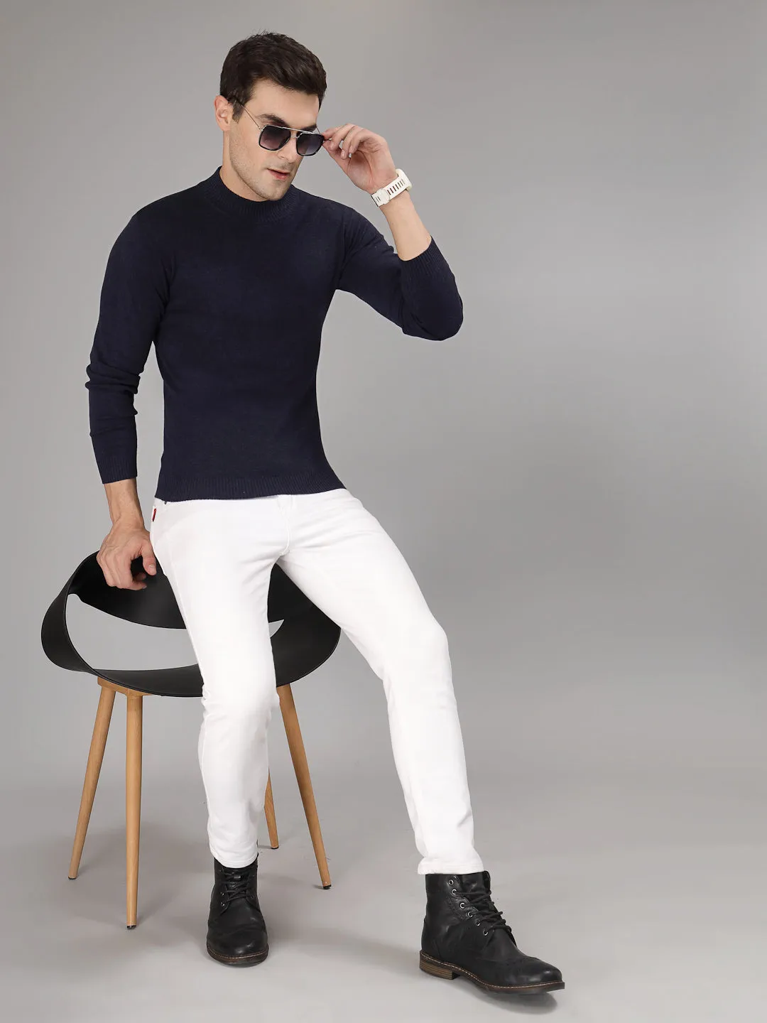 Style Quotient Men Solid Dark Blue Knitted Regular Sweater