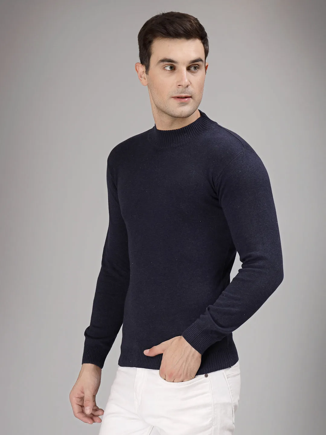 Style Quotient Men Solid Dark Blue Knitted Regular Sweater