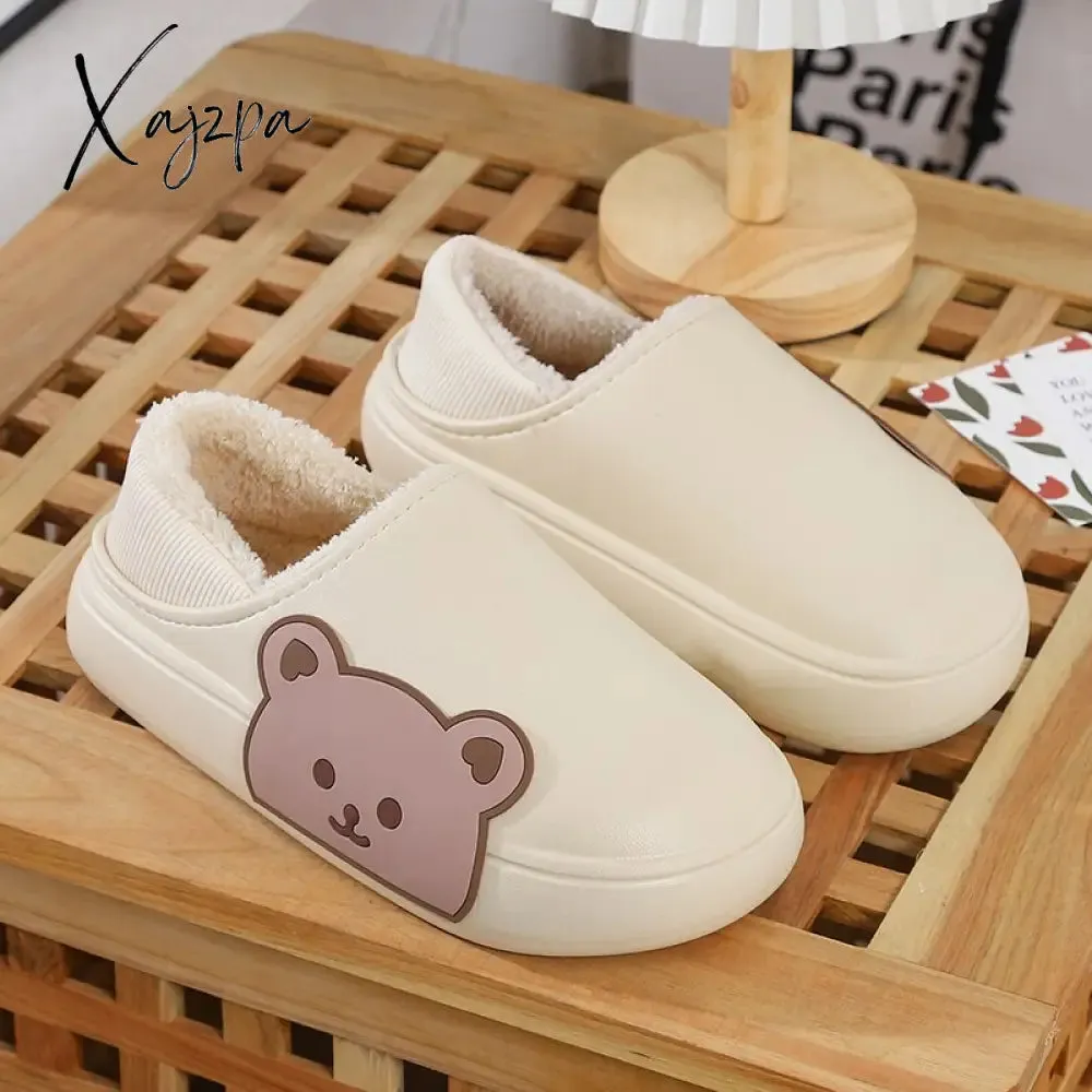 Xajzpa - Winter Women Men Slippers Thick Platform Waterproof Cotton Shoes Indoor Warm Fur Flat Slides Non-slip Cute Bear Cartoon Slipper