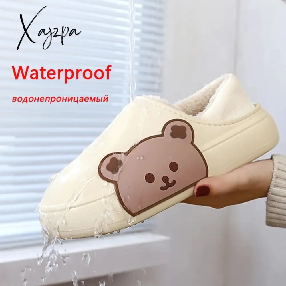 Xajzpa - Winter Women Men Slippers Thick Platform Waterproof Cotton Shoes Indoor Warm Fur Flat Slides Non-slip Cute Bear Cartoon Slipper