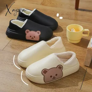 Xajzpa - Winter Women Men Slippers Thick Platform Waterproof Cotton Shoes Indoor Warm Fur Flat Slides Non-slip Cute Bear Cartoon Slipper